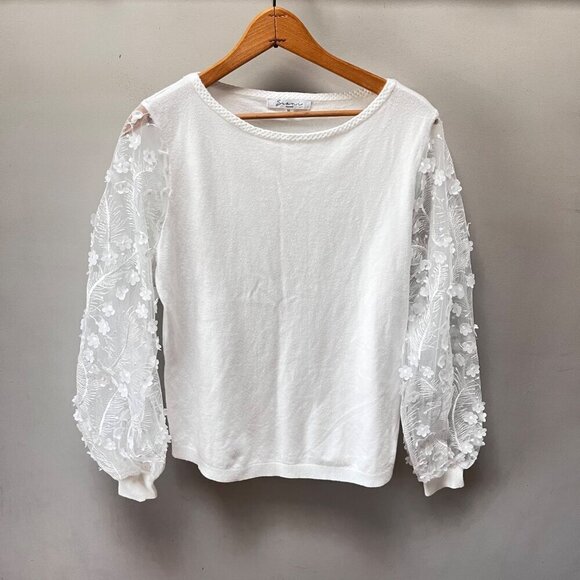 Sioni Milano White Knit Sweater With Embroidered Sheer Sleeves- Sz.‎ M - Picture 1 of 5